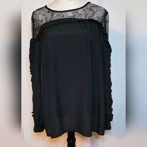 Eloquii Black Lace Detail Blouse Long Sleeves Sz 14 Ruffle And Lace